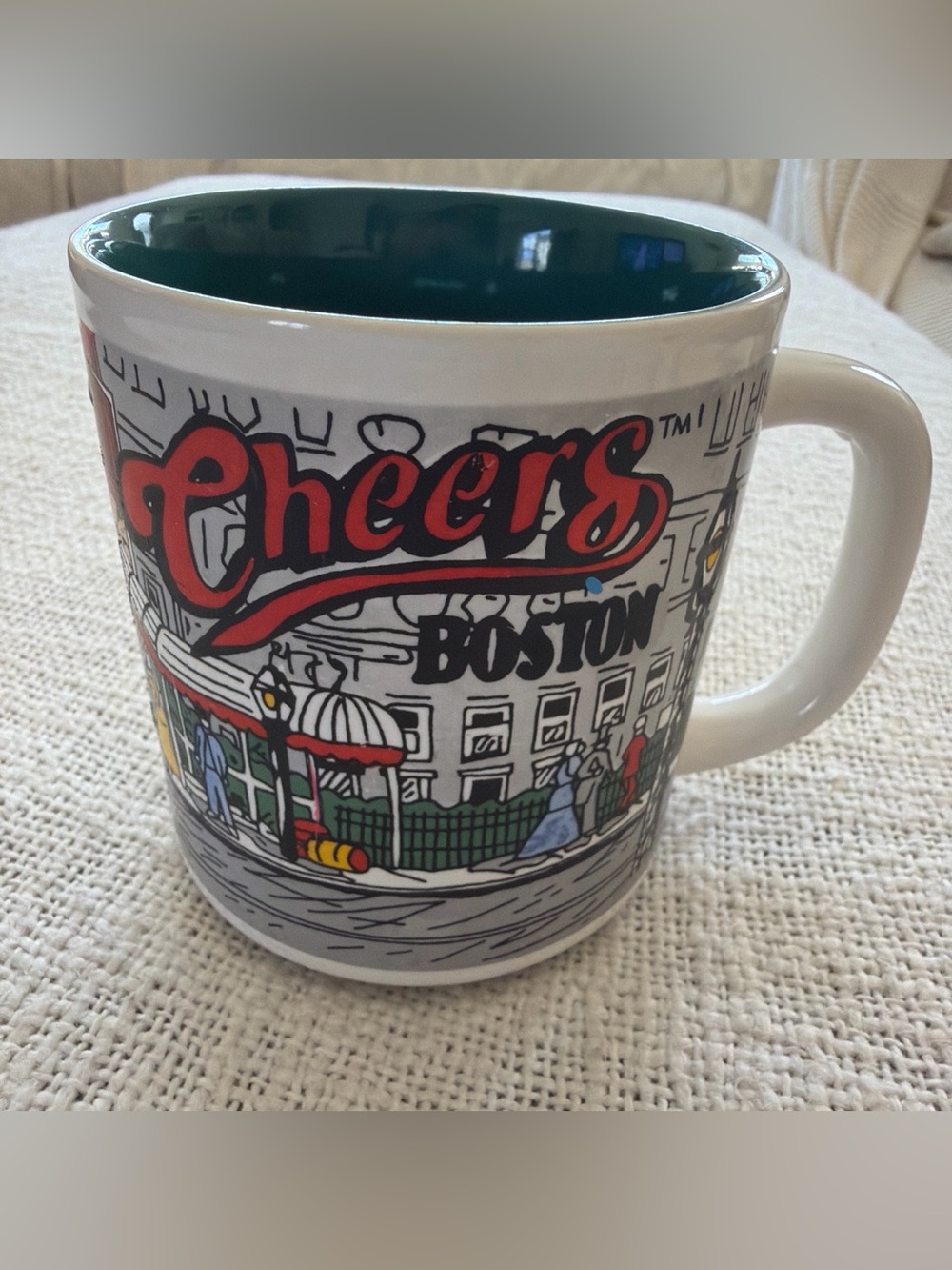 Cheers Boston Ceramic Mug - White with Red and Green Design